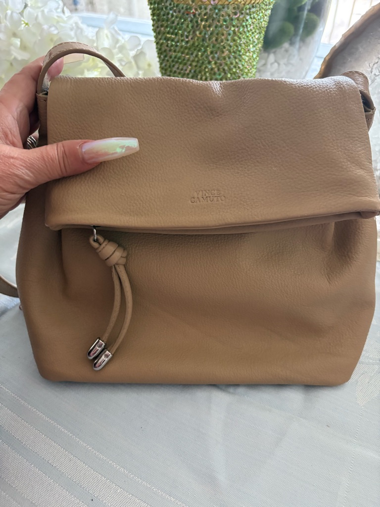 Vince Camuto Taupe Leather Drawstring Crossbody